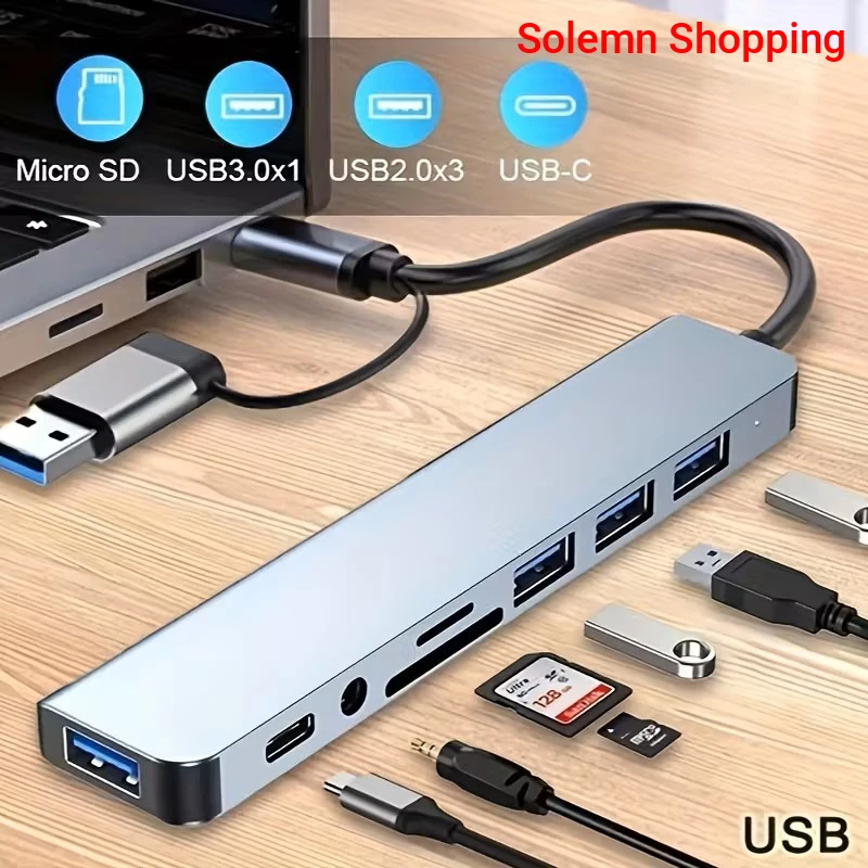 8-In-1 USB and Type C Hub with Audio Jack