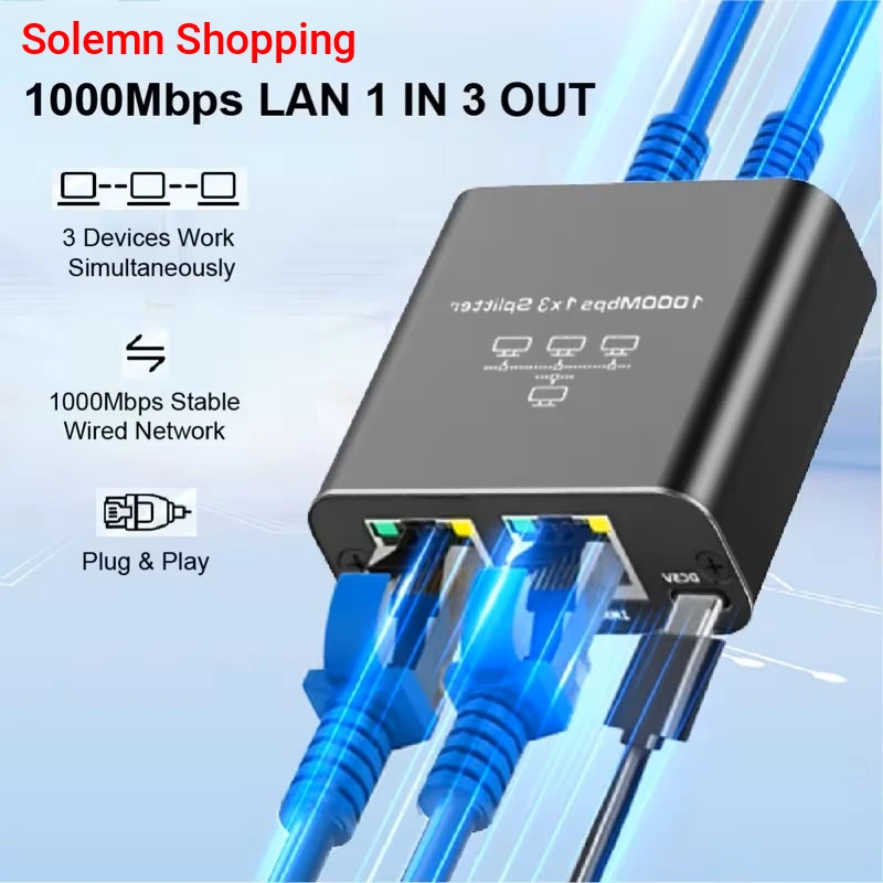 Gigabit 3-Port POE Ethernet Splitter 1-To-3 Network Distributor 1000Mbps High-Speed RJ45 Switch with USB-C Power Cable